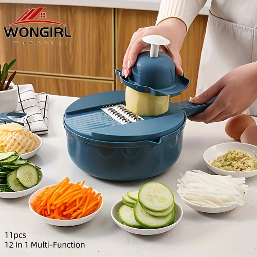 11pcs, 12-in-1 Multi-Function Vegetable Chopper for Carrots, Potatoes, Radish, and More – Manual Slicer, Shredder, and Grater – Essential Kitchen Tool Cook Easy