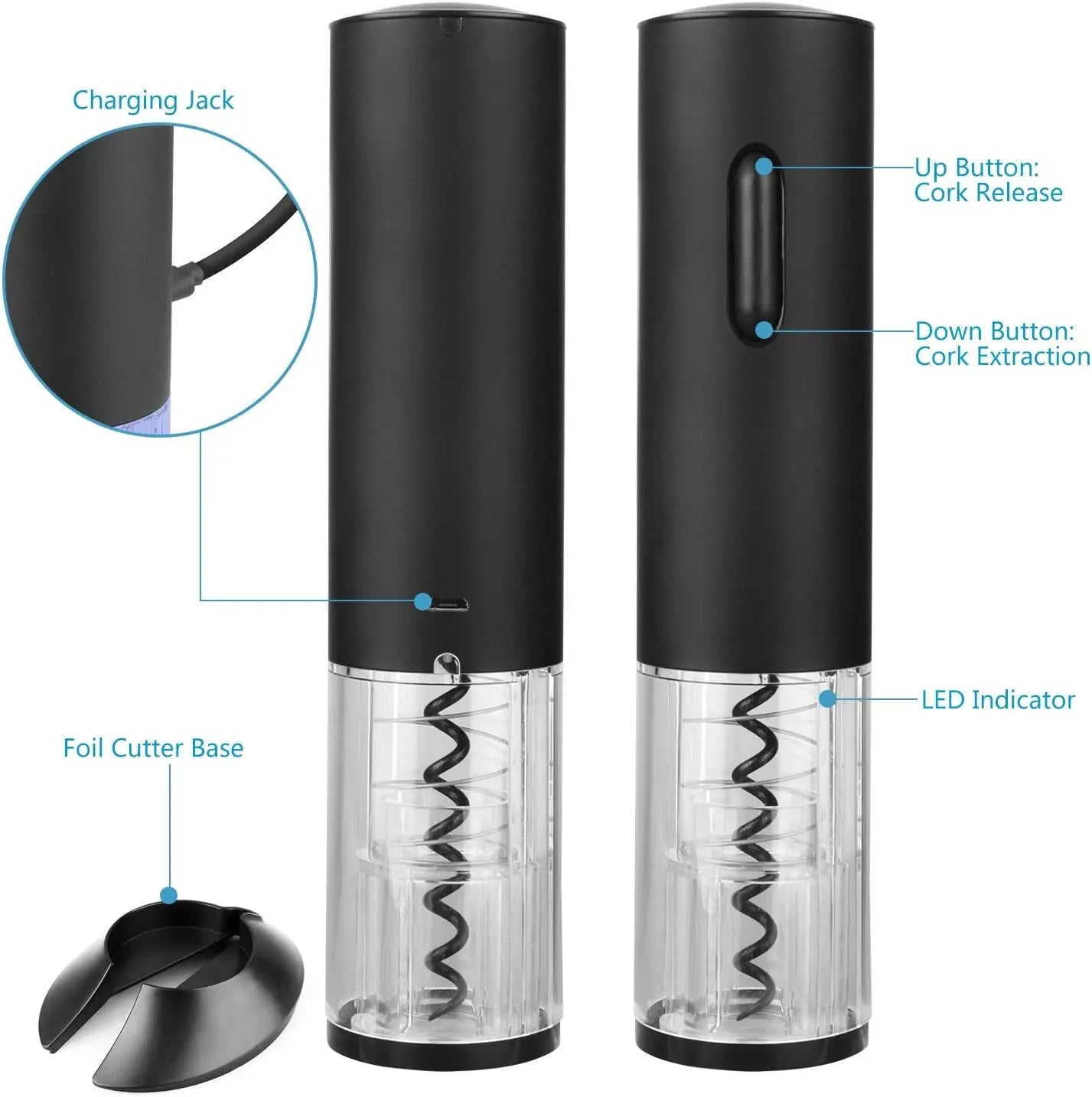 Electric Wine Opener, Automatic Electric Wine Bottle Corkscrew Opener, Rechargeable Stainless Steel Cordless Electric Wine Bottle Opener Gift Set with Foil Cutter, USB Charging Cable