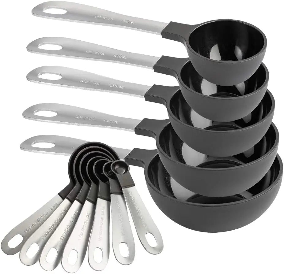 Measuring Cups Set and Measuring Spoon Set, Stainless Steel Handles, Nesting Kitchen Measuring Set, Liquid Measuring Cup Set, 12 PC Stainless Steel, Black