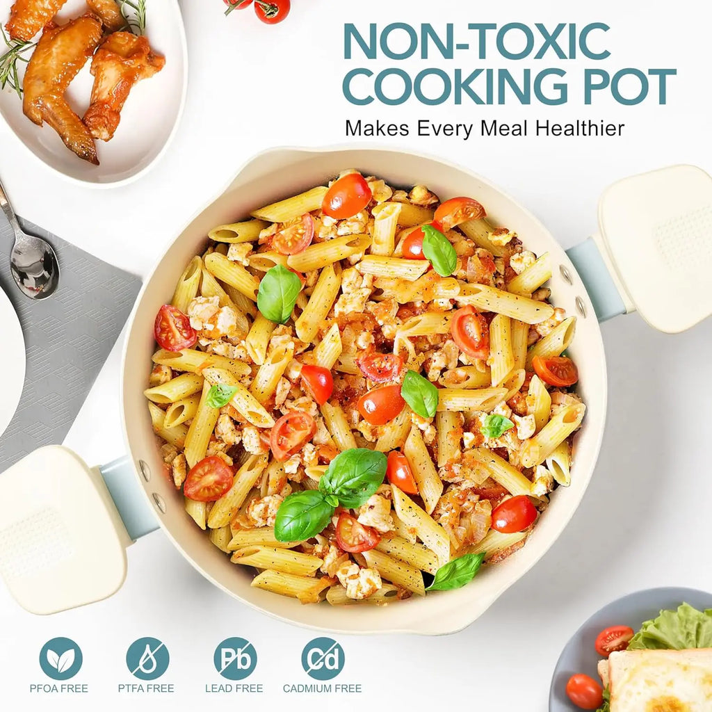 MICHELANGELO Pasta Pot with Strainer Lid - 6 Quart Cooking Pot with Lid, Induction Compatible, Soft Aqua