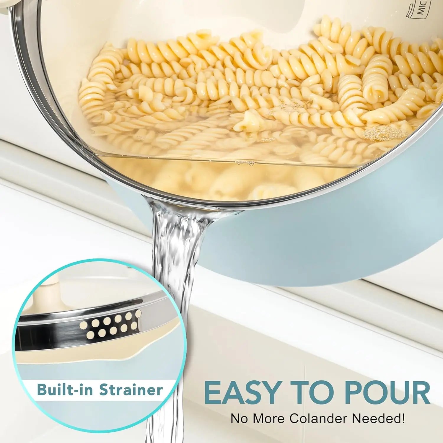 MICHELANGELO Pasta Pot with Strainer Lid - 6 Quart Cooking Pot with Lid, Induction Compatible, Soft Aqua