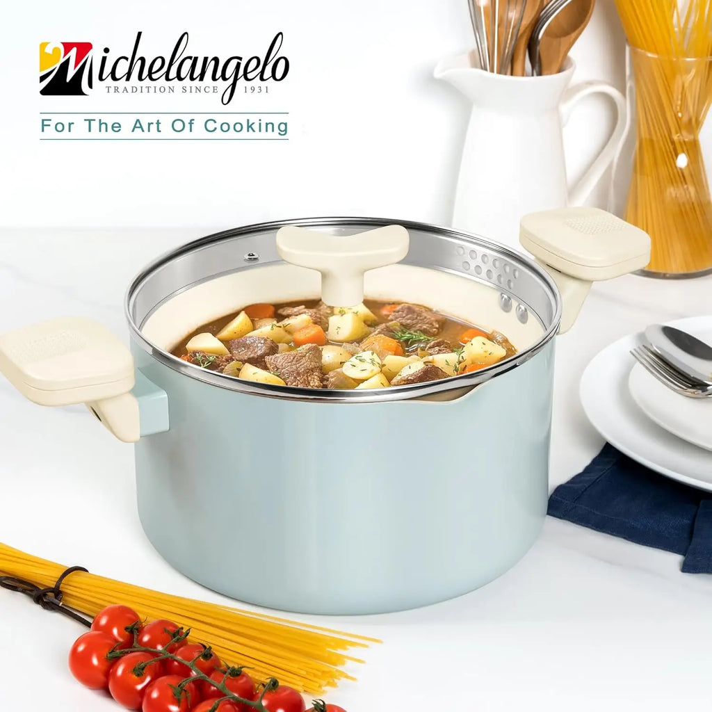MICHELANGELO Pasta Pot with Strainer Lid - 6 Quart Cooking Pot with Lid, Induction Compatible, Soft Aqua