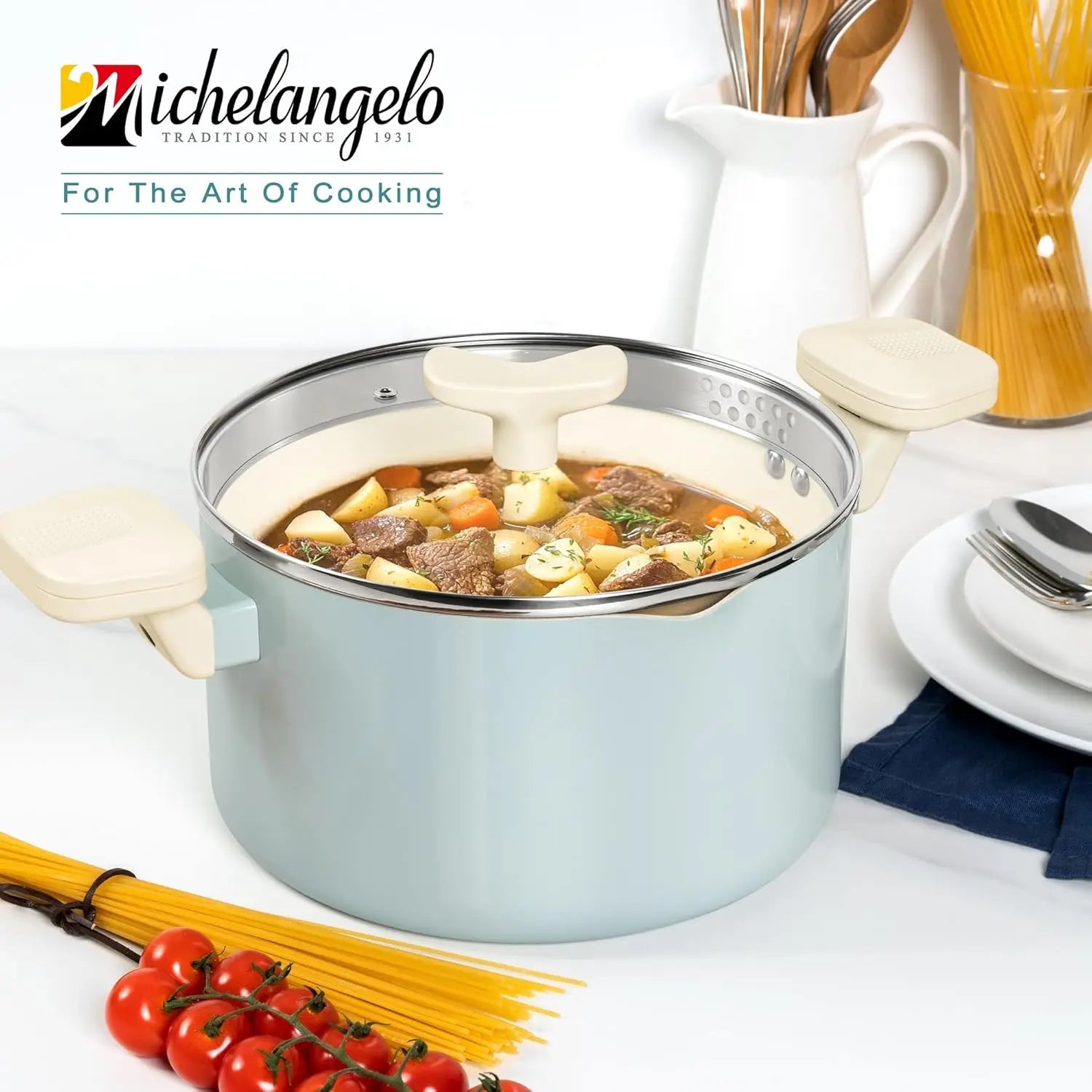 MICHELANGELO Pasta Pot with Strainer Lid - 6 Quart Cooking Pot with Lid, Induction Compatible, Soft Aqua