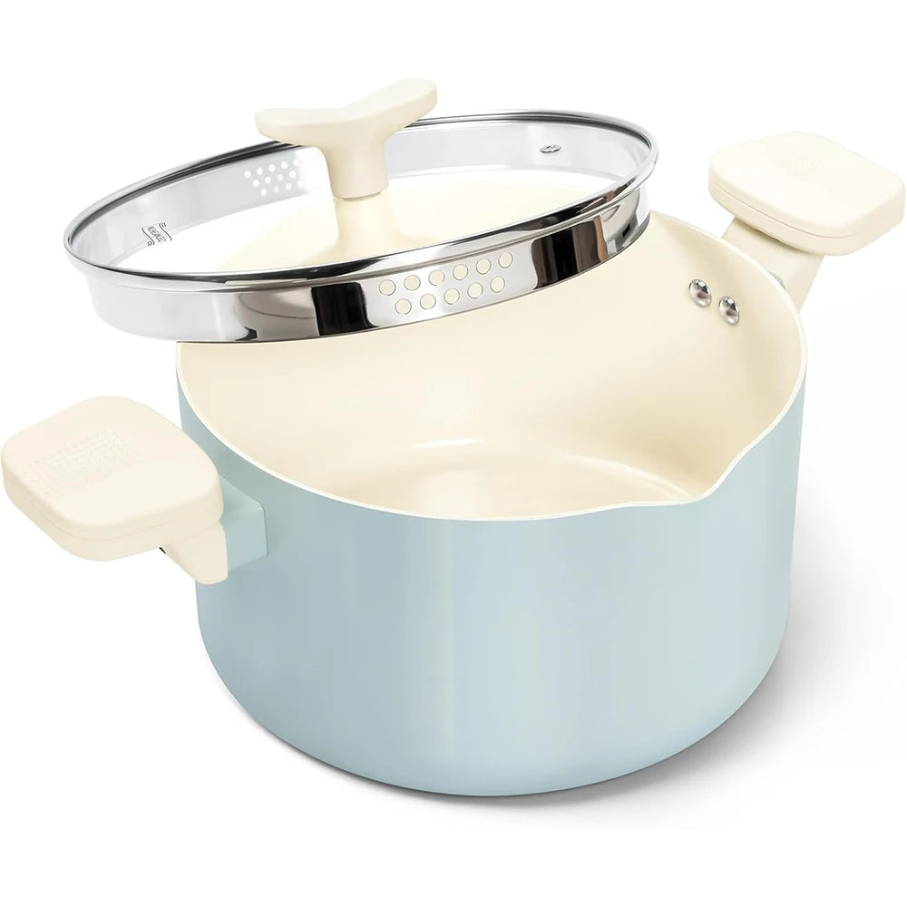 MICHELANGELO Pasta Pot with Strainer Lid - 6 Quart Cooking Pot with Lid, Induction Compatible, Soft Aqua