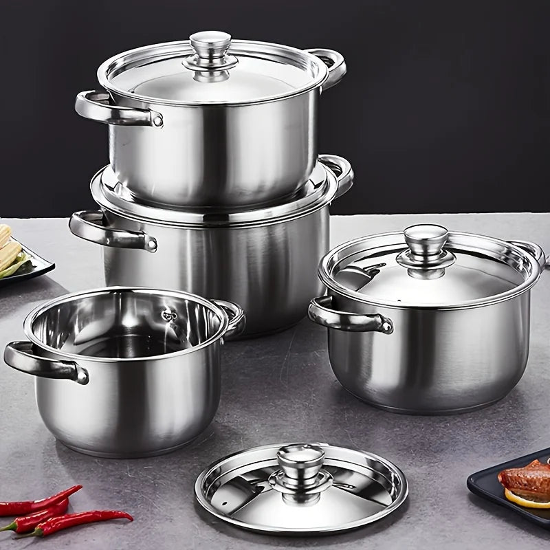 4-Piece Stainless Steel Pot Set, No Stove Selection, Large Capacity, Suitable for Kitchen Cooking
