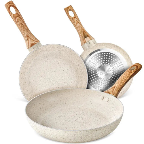 MICHELANGELO 3pcs Nonstick Cookware Sets White Granite Induction Cookware 8/9.5/11 Inch Frying Pan  Non-toxic Healthy Pan Cook Easy