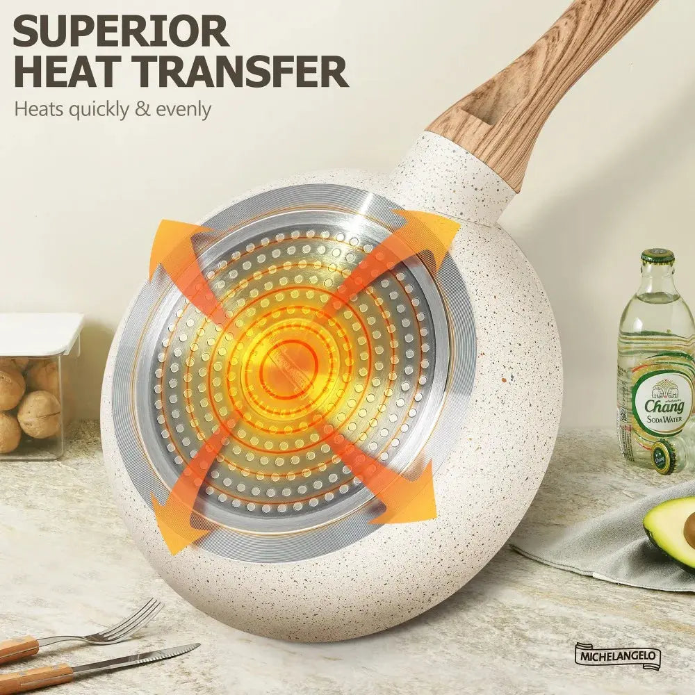 MICHELANGELO 3pcs Nonstick Cookware Sets White Granite Induction Cookware 8/9.5/11 Inch Frying Pan  Non-toxic Healthy Pan Cook Easy