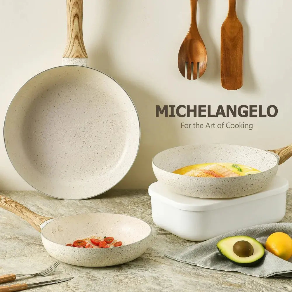 MICHELANGELO 3pcs Nonstick Cookware Sets White Granite Induction Cookware 8/9.5/11 Inch Frying Pan  Non-toxic Healthy Pan Cook Easy