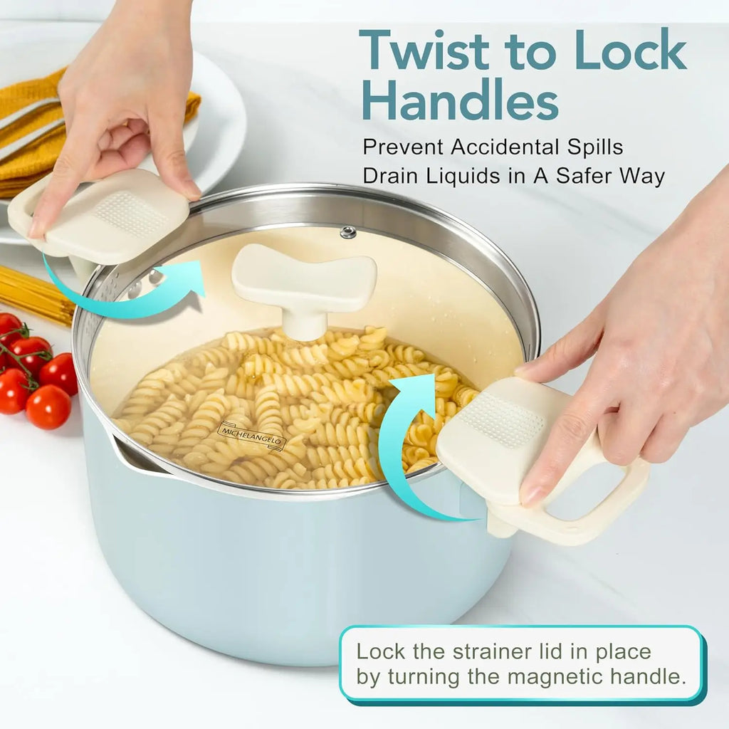 MICHELANGELO Pasta Pot with Strainer Lid - 6 Quart Cooking Pot with Lid, Induction Compatible, Soft Aqua