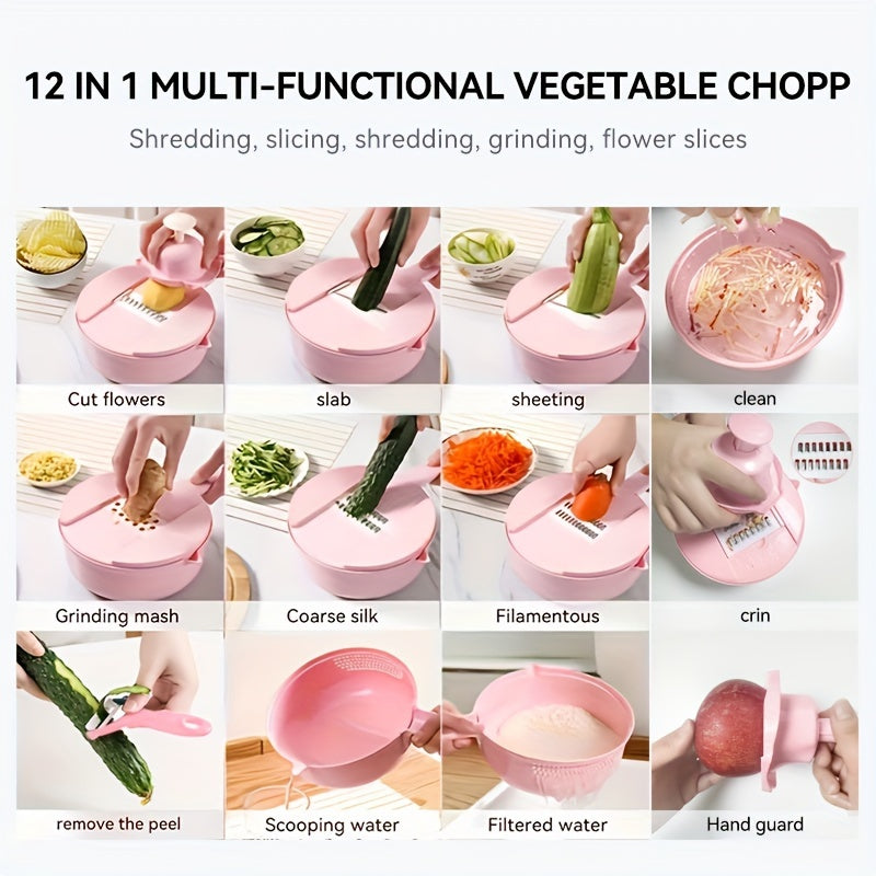 11pcs, 12-in-1 Multi-Function Vegetable Chopper for Carrots, Potatoes, Radish, and More – Manual Slicer, Shredder, and Grater – Essential Kitchen Tool