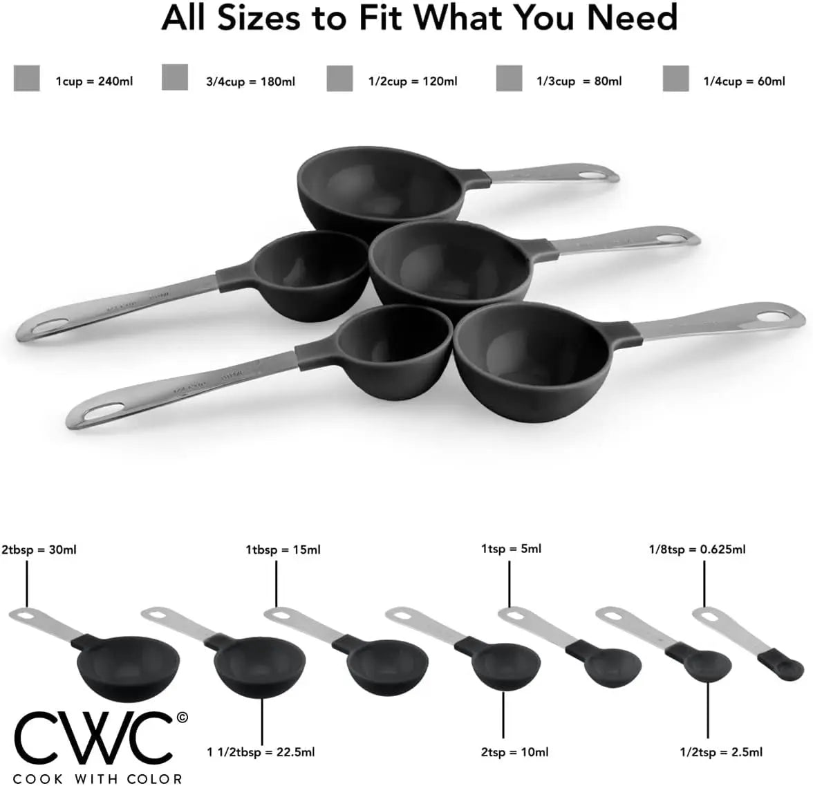 Measuring Cups Set and Measuring Spoon Set, Stainless Steel Handles, Nesting Kitchen Measuring Set, Liquid Measuring Cup Set, 12 PC Stainless Steel, Black